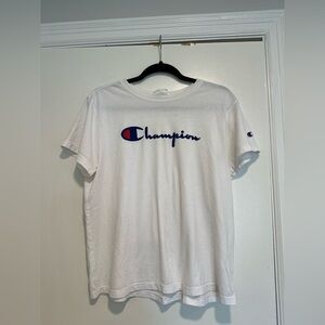 Champion 90s Mens XL White Felt Logo Applique Short Sleeve Casual Grunge.